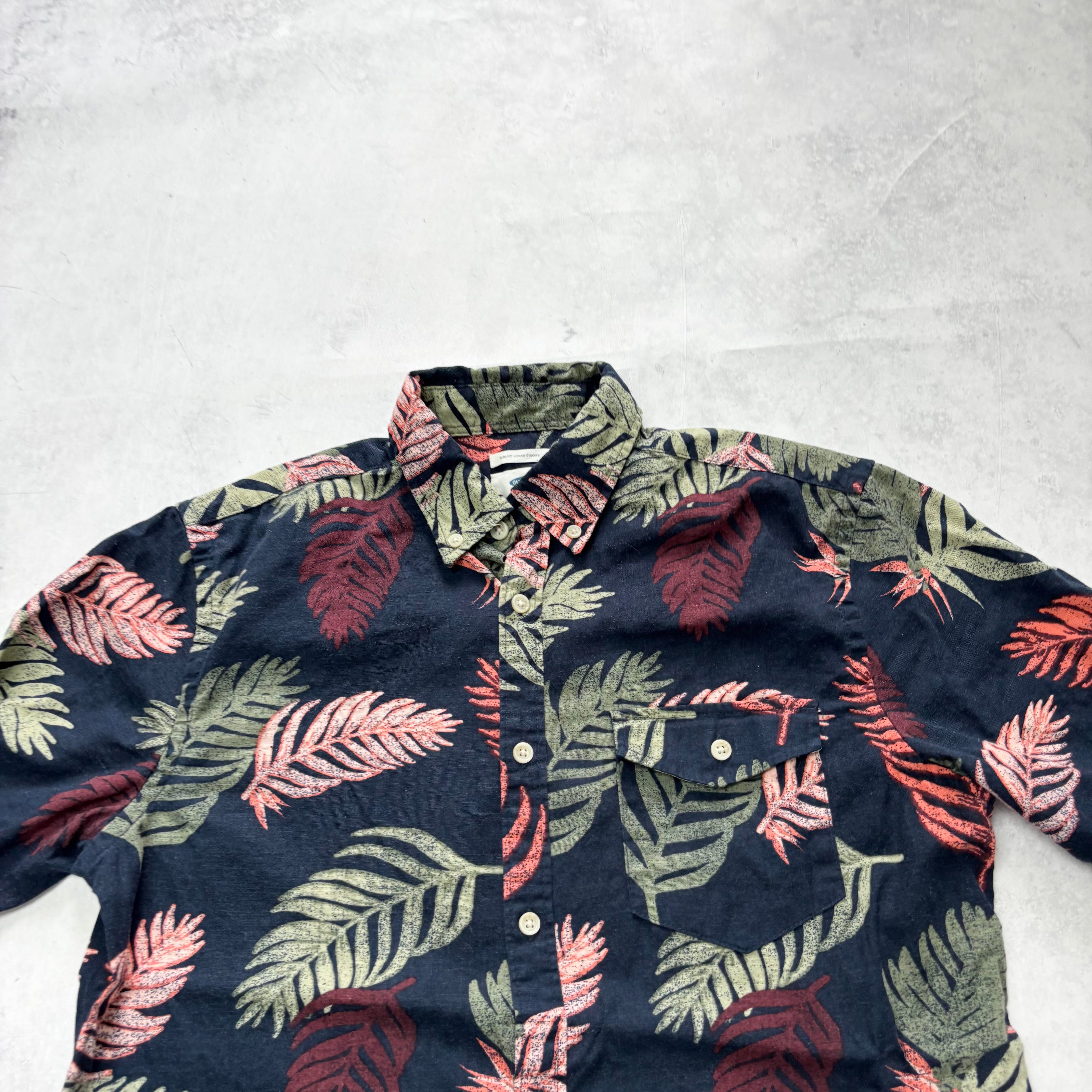 Old Navy Hawaiian Shirt Mens Small Navy Slim Fit Short Sleeve Linen (E)
