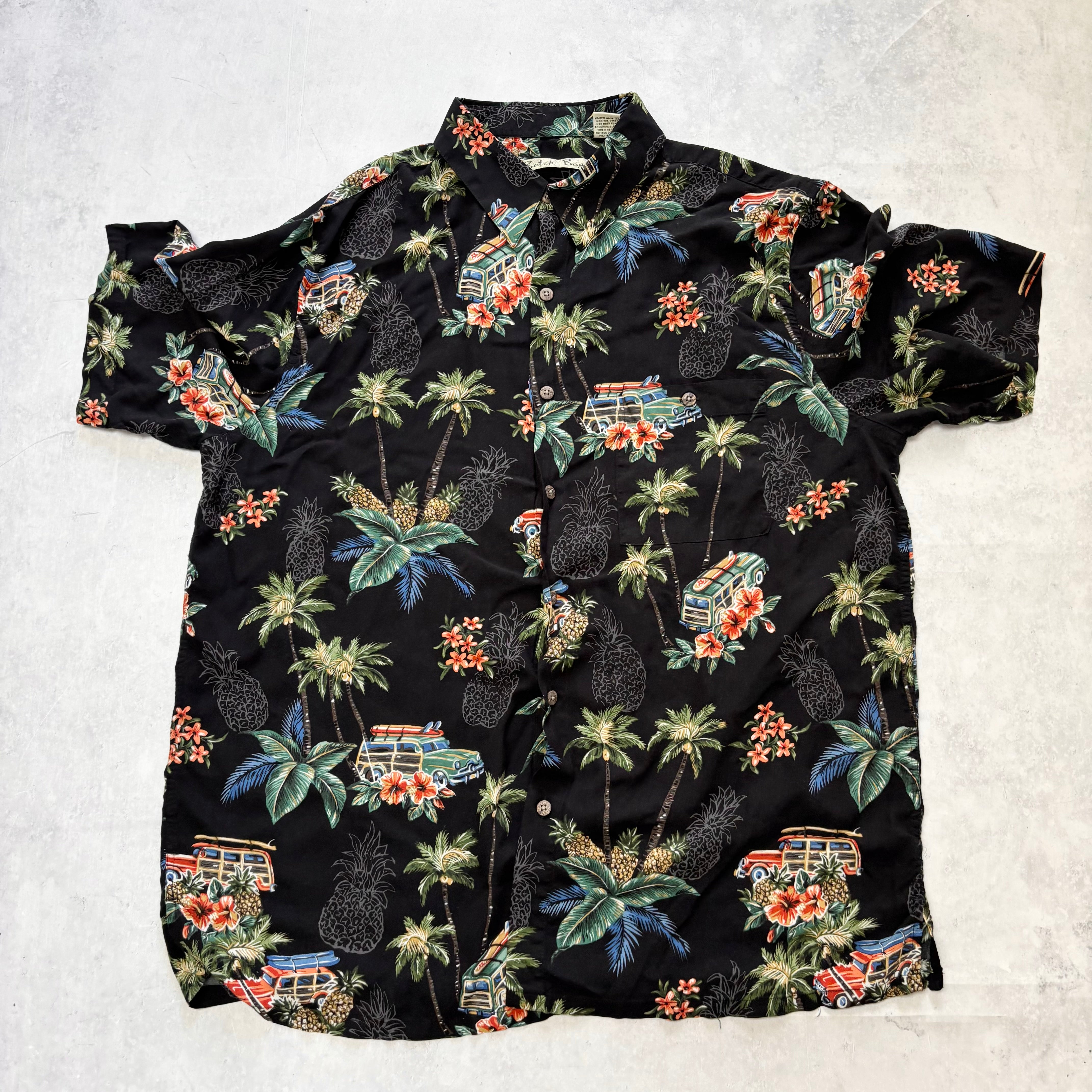 Vintage Hawaiian Shirt Mens Large Black Floral Aloha Short Sleeve Rayon (E)