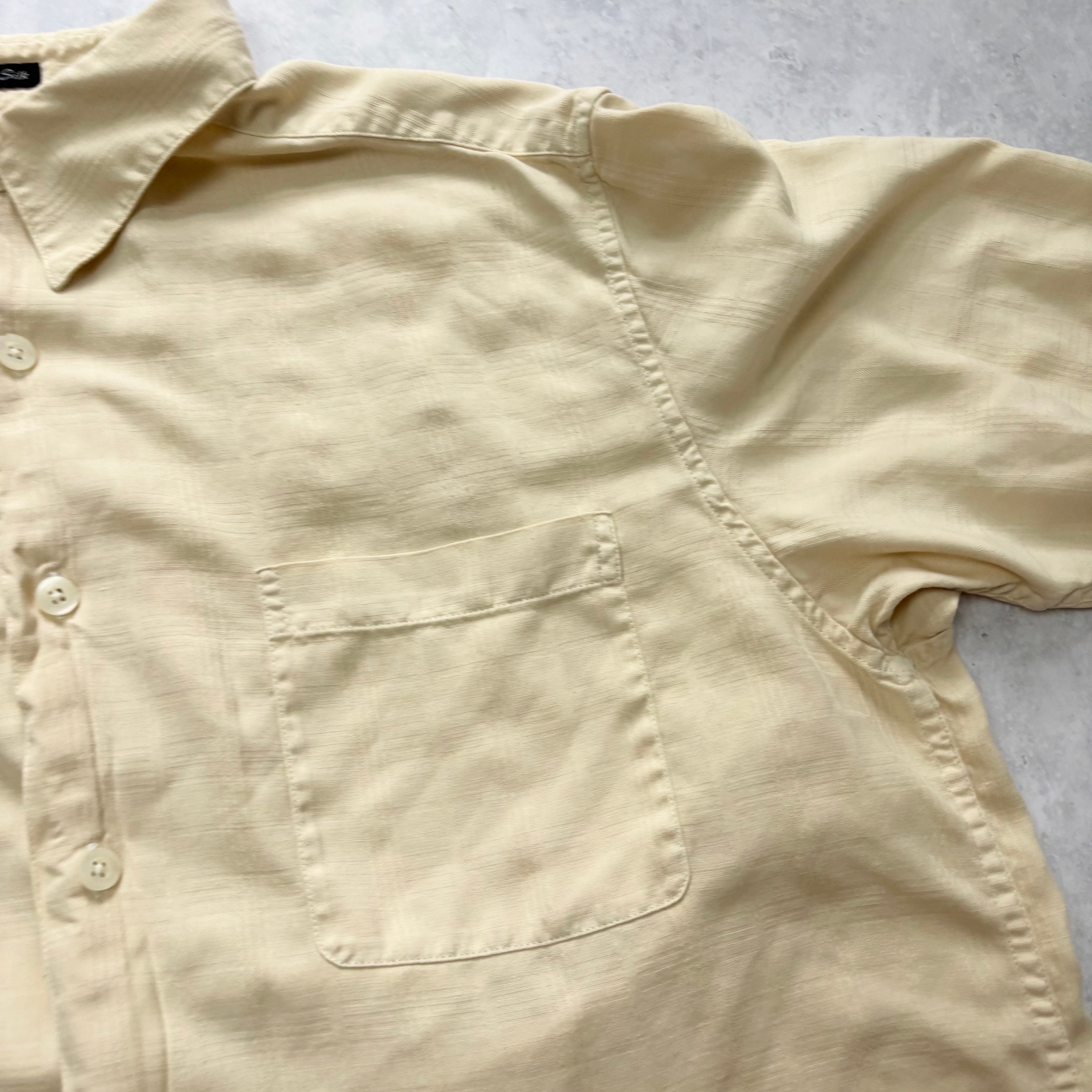 Mens Silk Shirt Large Yellow Check Short Sleeve (E)