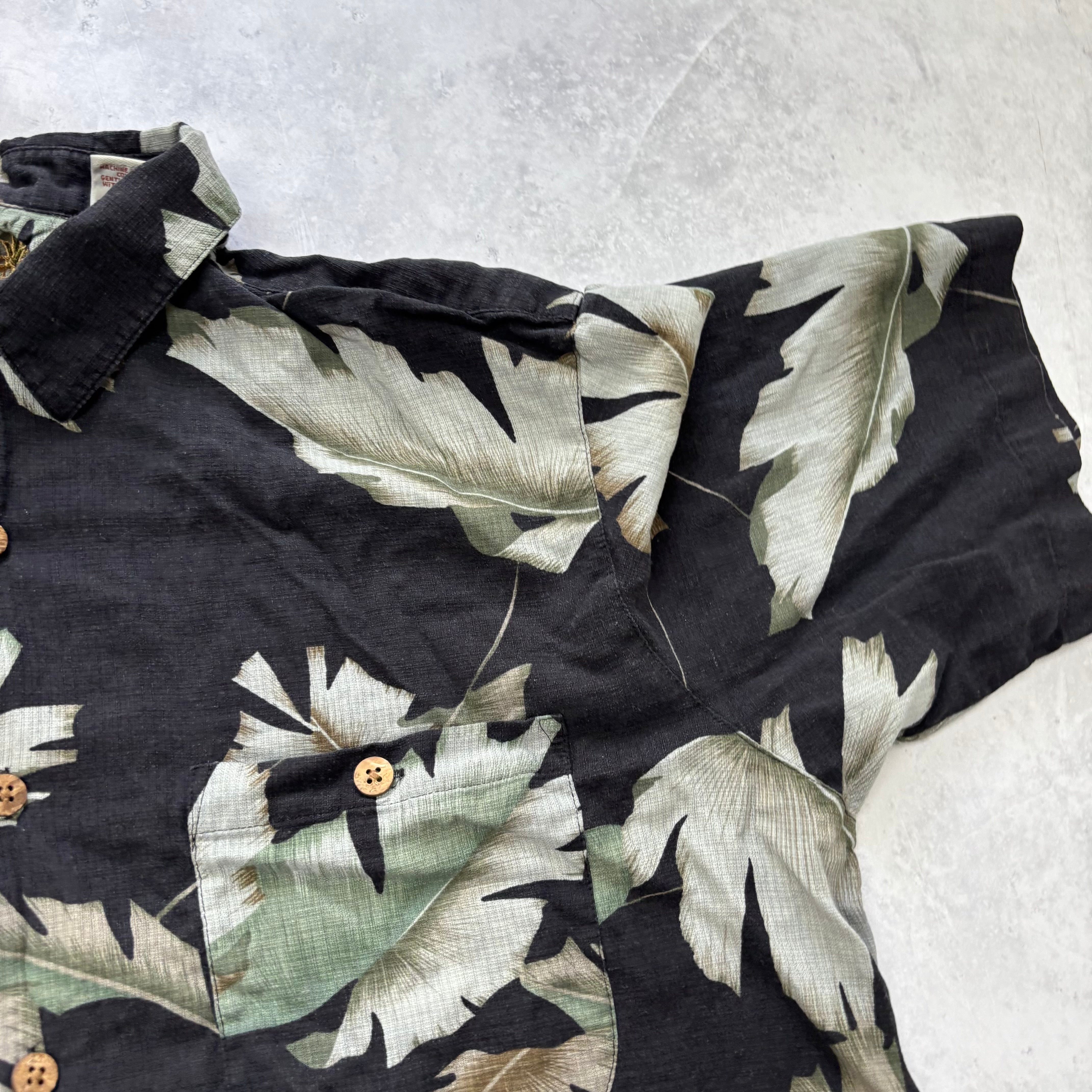 Vintage Hawaiian Shirt Mens Large Black Floral Aloha Short Sleeve Silk (E)