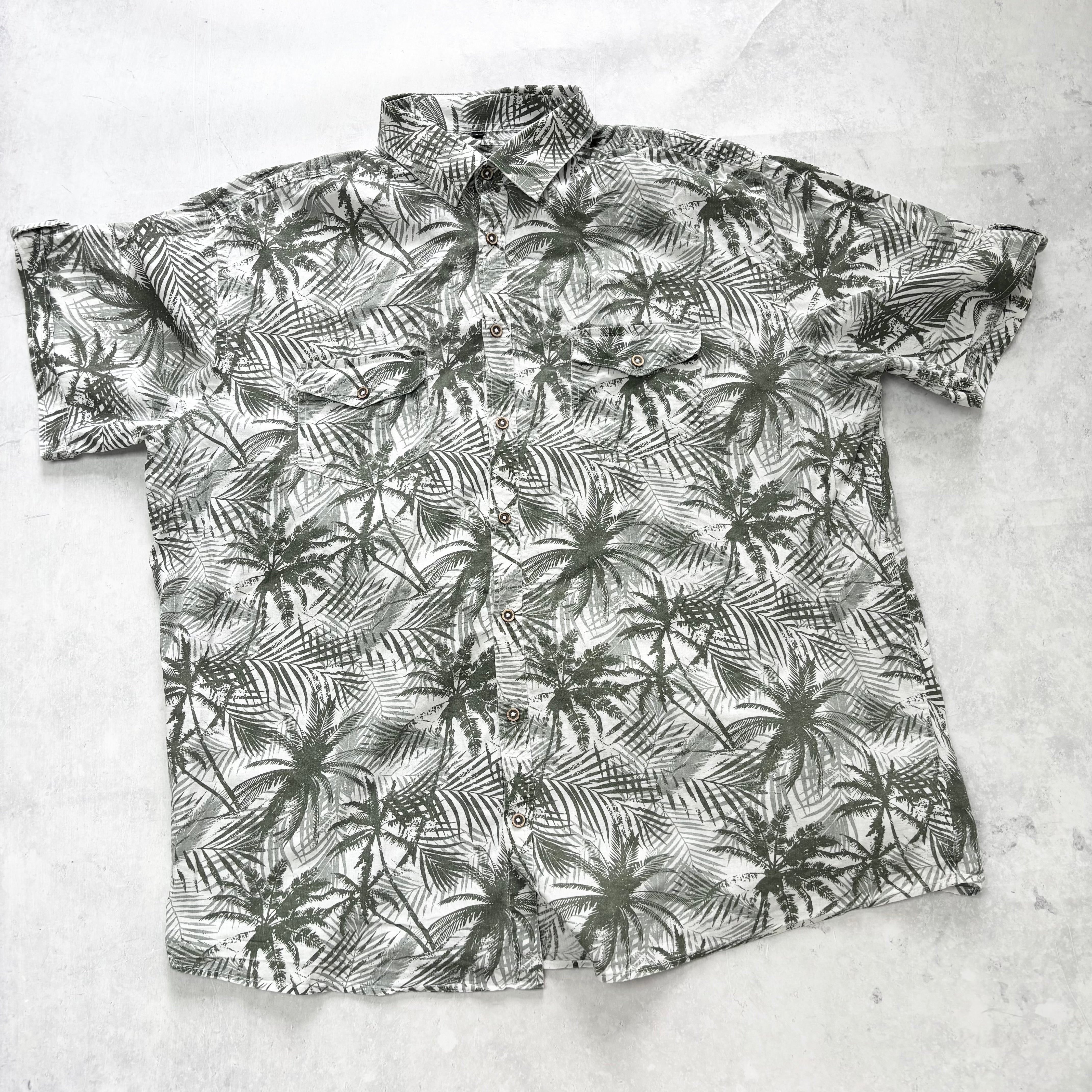 Hawaiian Shirt Mens XL Green White Floral Aloha Short Sleeve Cotton Linen (E)