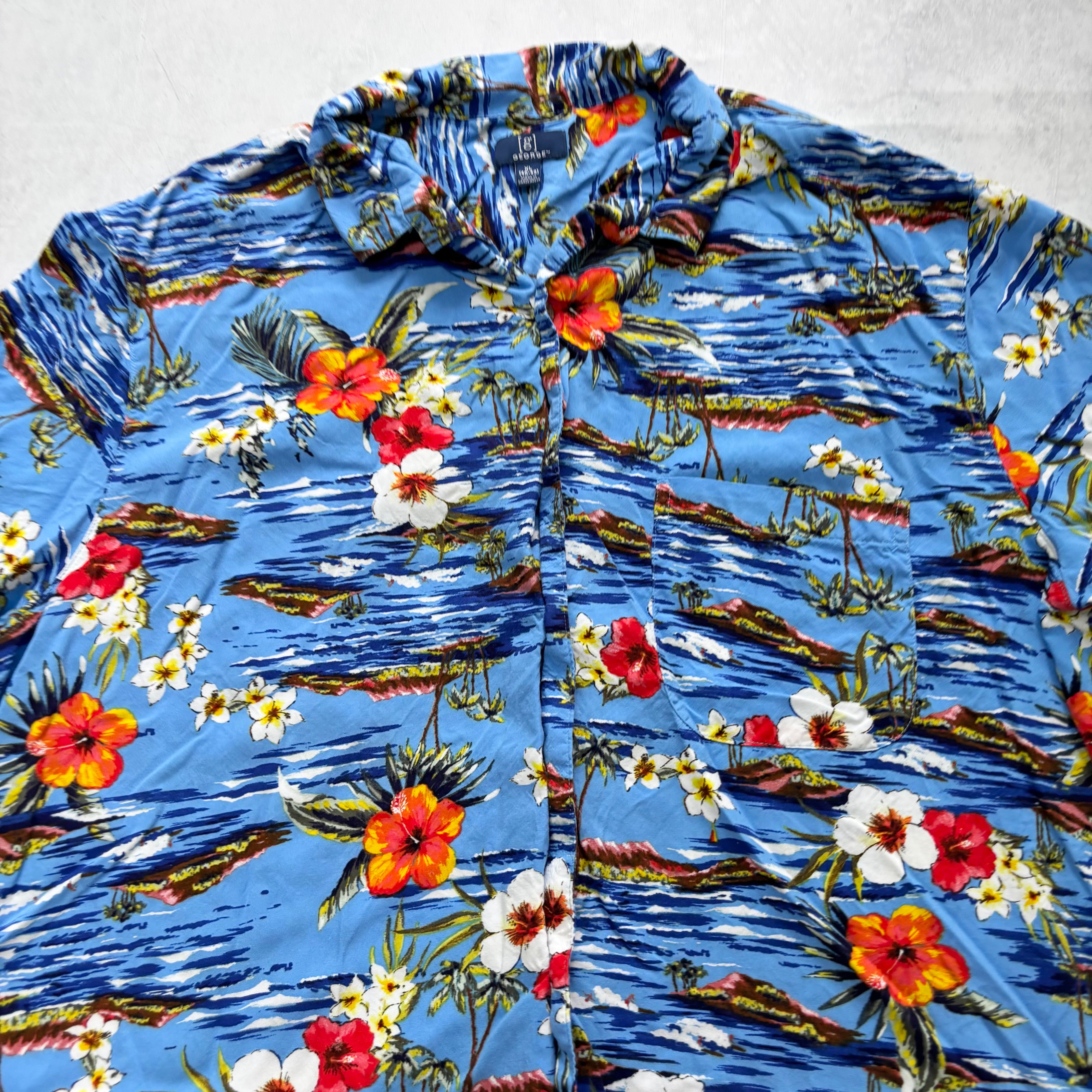Hawaiian Shirt Mens XL Blue Floral Aloha Short Sleeve Rayon (E)