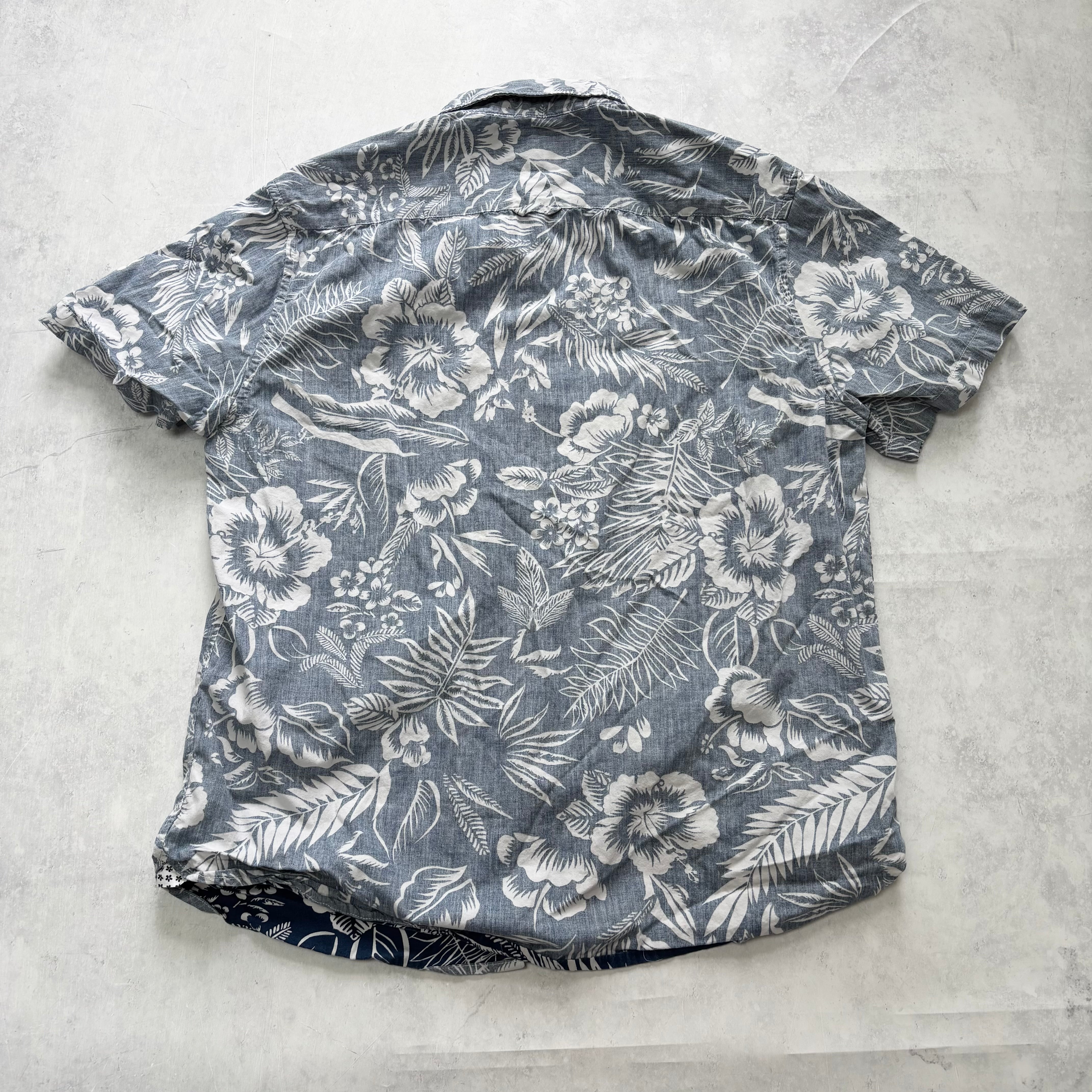 Hawaiian Shirt Mens Large Blue Aloha Short Sleeve Cotton Slim Fit (E)
