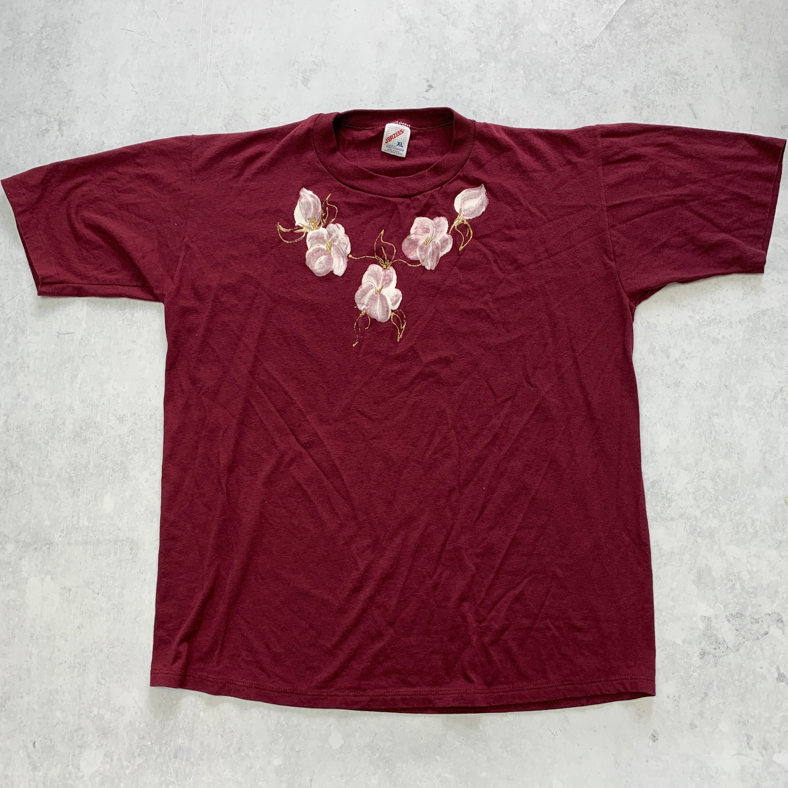 Vintage T Shirt Mens XL Burgundy Red Single Stitch Graphic Print 90s Flowers