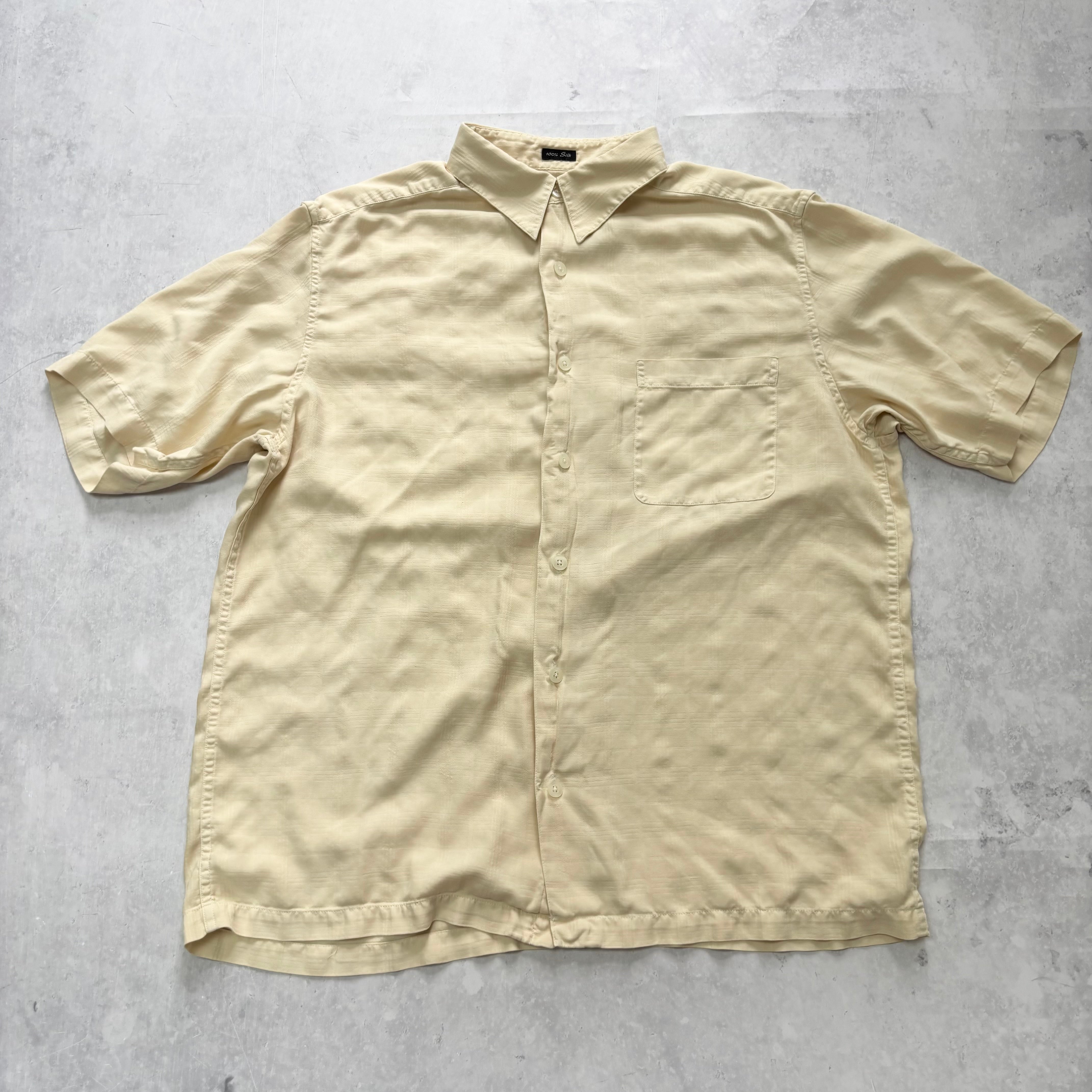 Mens Silk Shirt Large Yellow Check Short Sleeve (E)