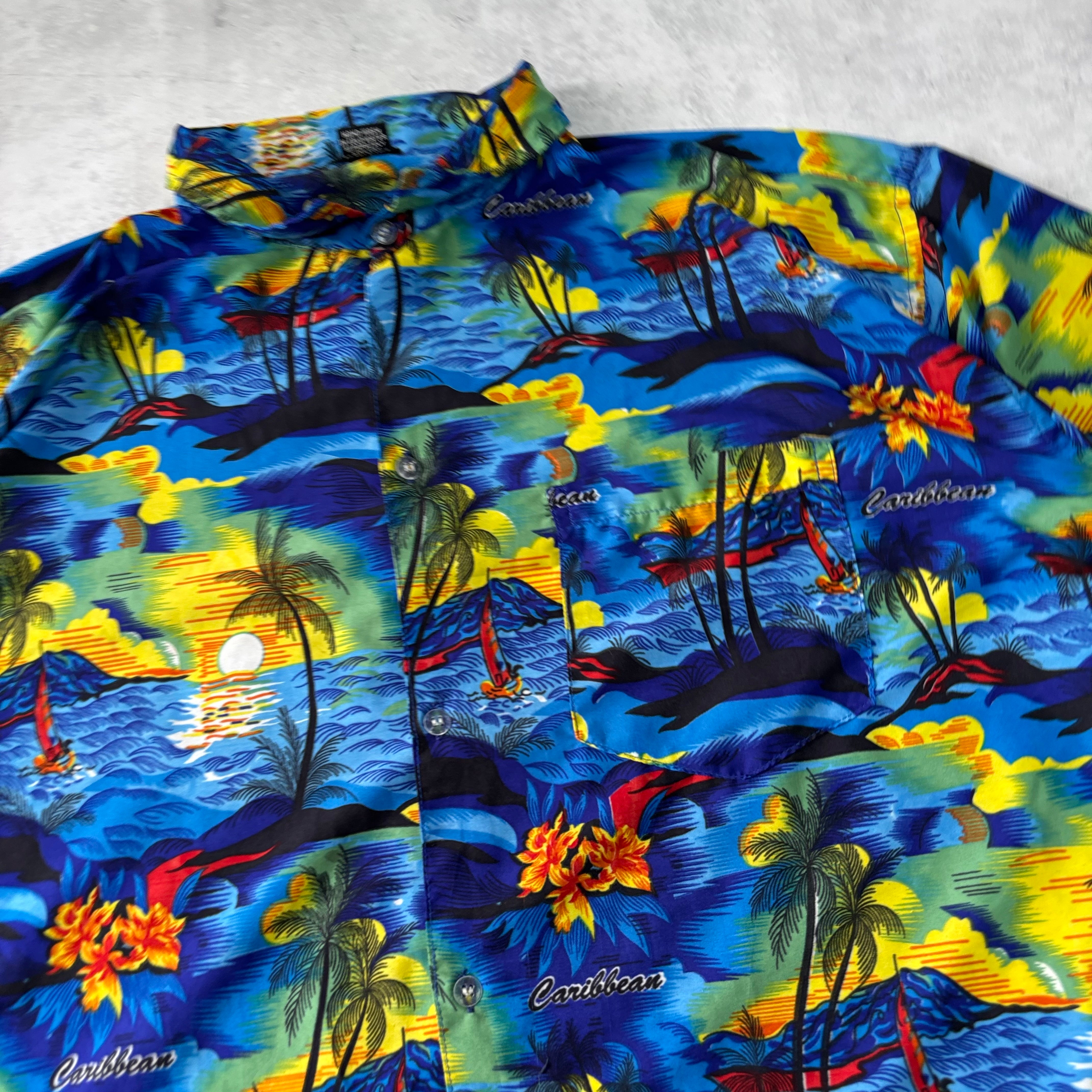 Hawaiian Shirt Mens XXL Blue Floral Aloha Short Sleeve Polyester (E)