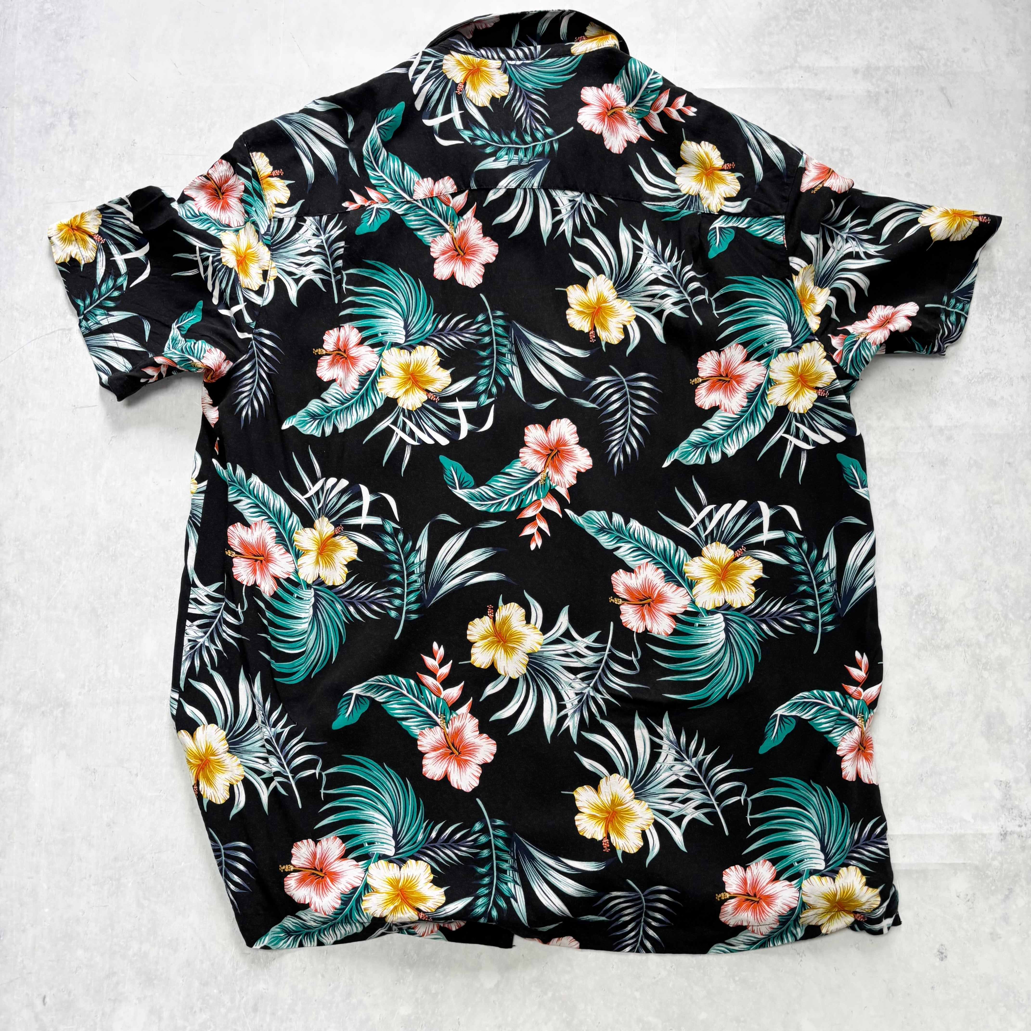 Hawaiian Shirt Mens Large Black Floral Aloha Short Sleeve Rayon (E)