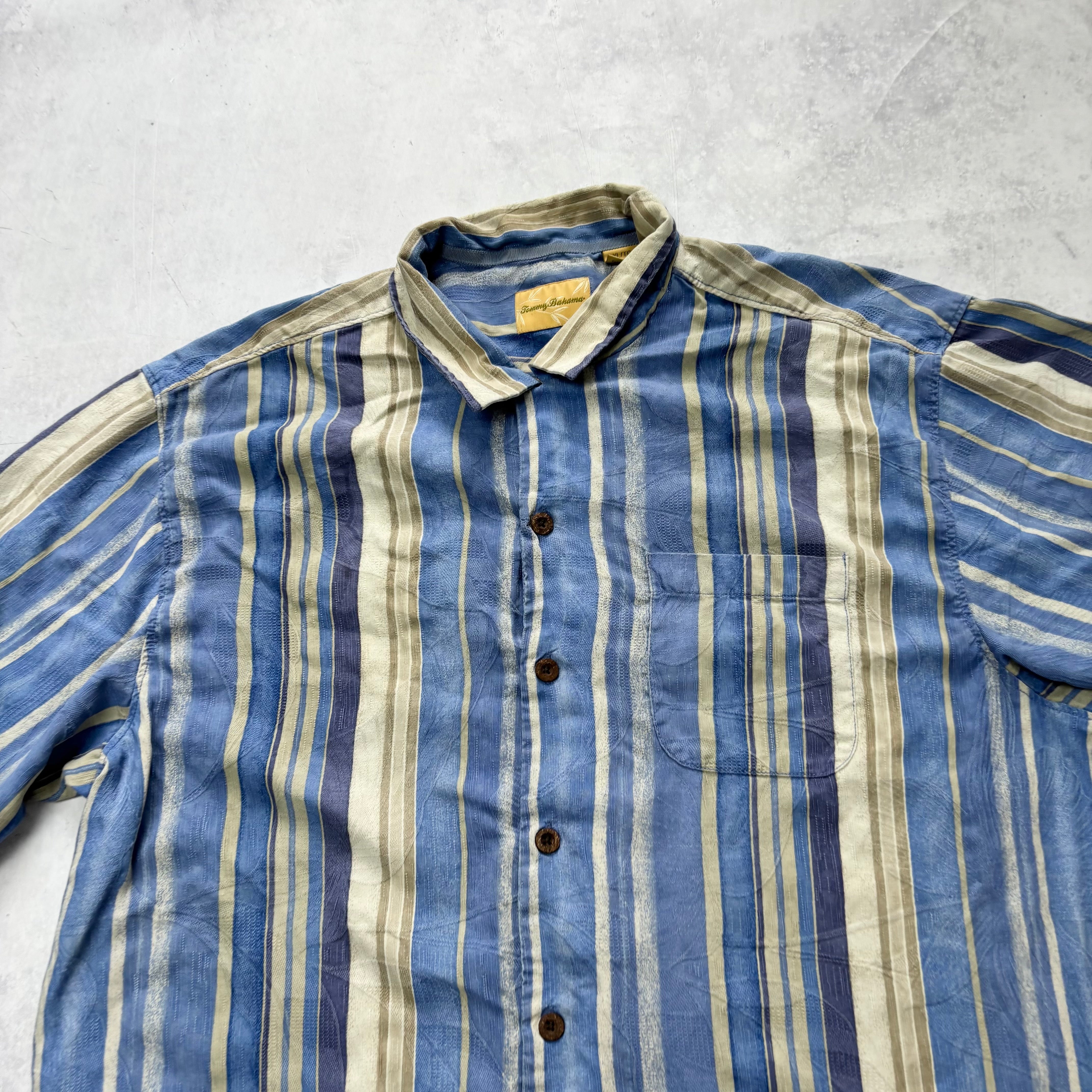 Vintage Tommy Bahama Shirt Mens XL Blue Striped Short Sleeve Silk
