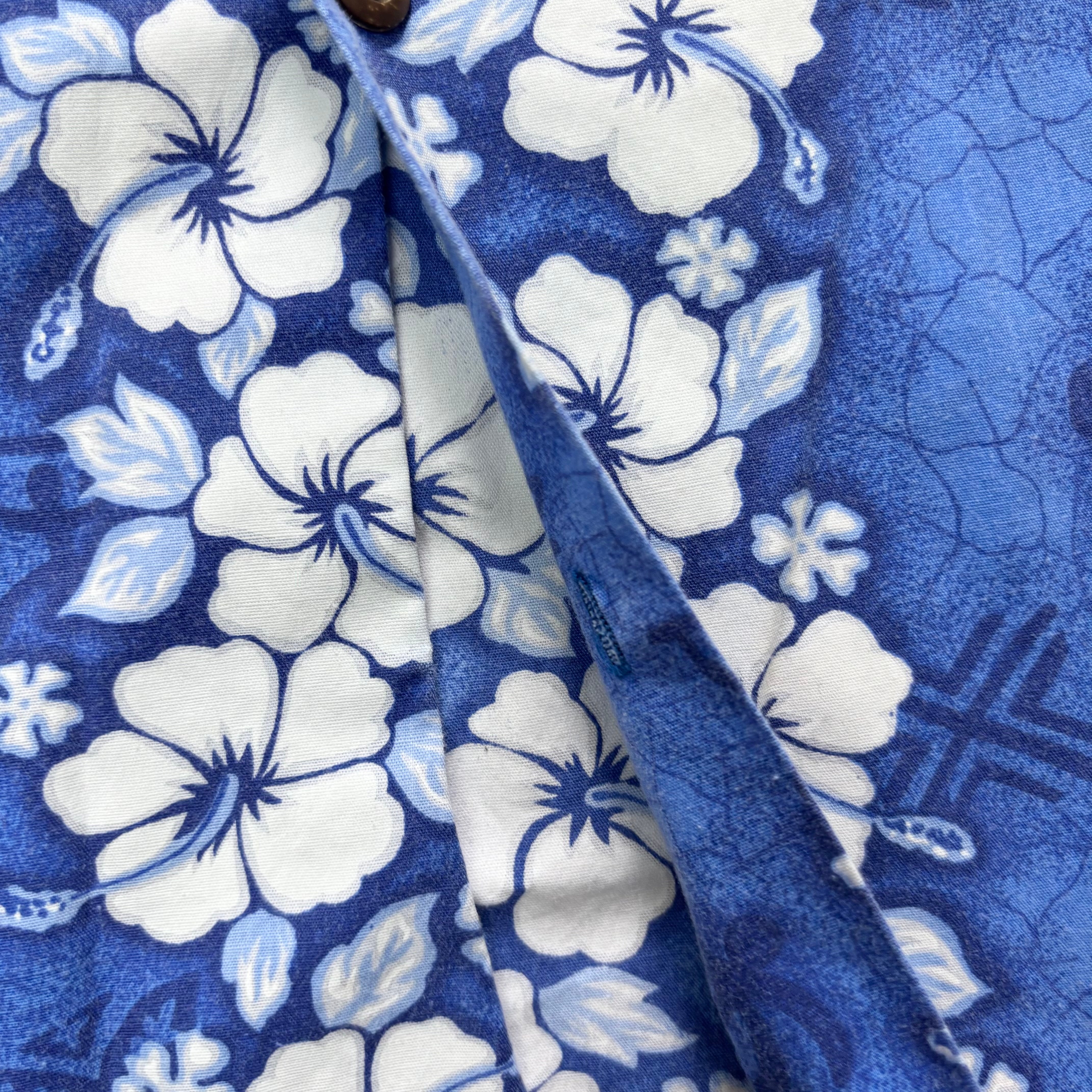 Vintage Hawaiian Shirt Mens Large Blue Floral Aloha Short Sleeve Cotton