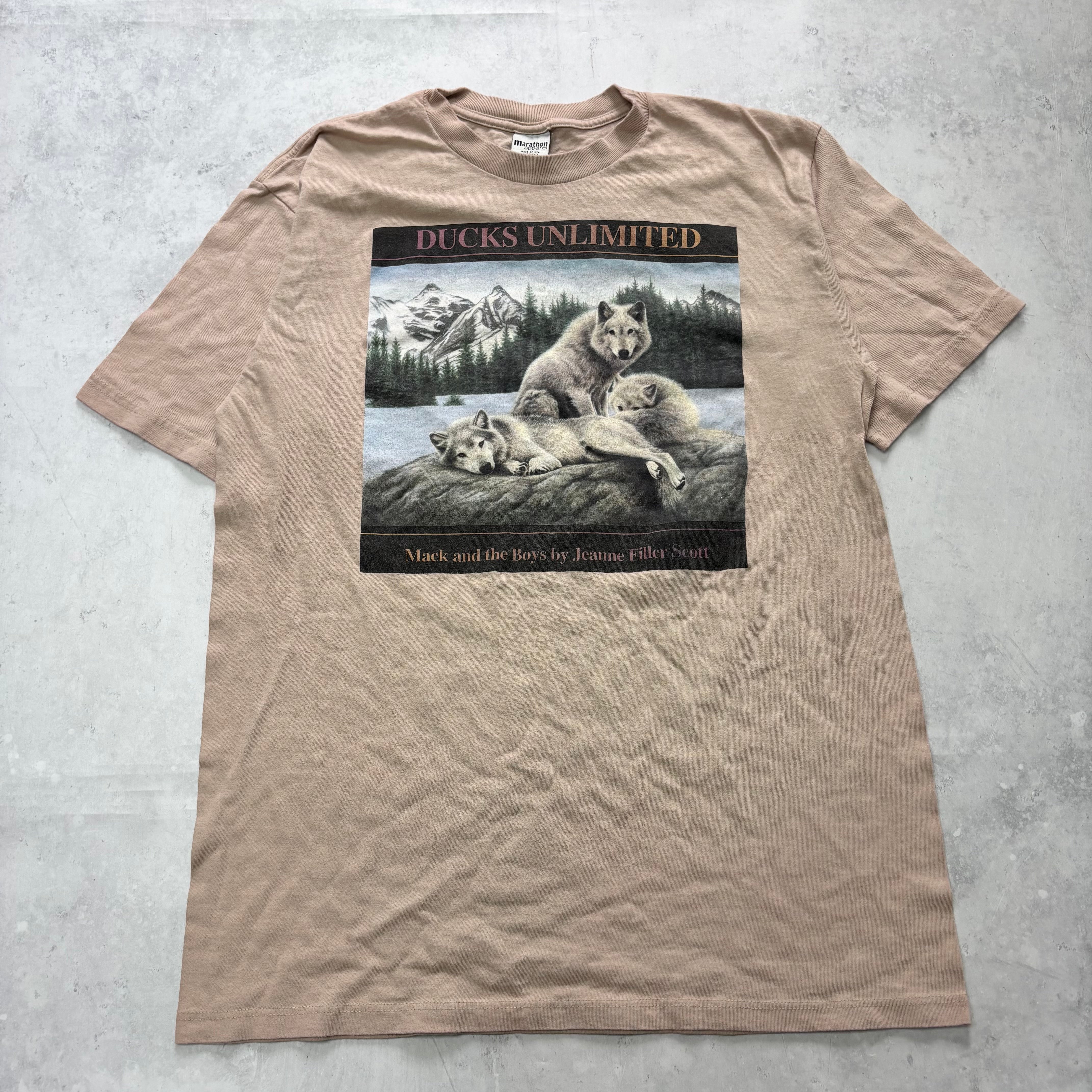Vintage T Shirt Mens Large Brown Graphic Print 90s Nature Wolves (E)
